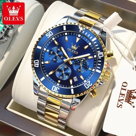 OLEVS 2870 Blue Silver Moon Phase Multi-function Stainless Chronograph Sports Calendar Watch for Man.